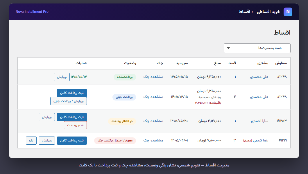 مدیریت اقساط و چک